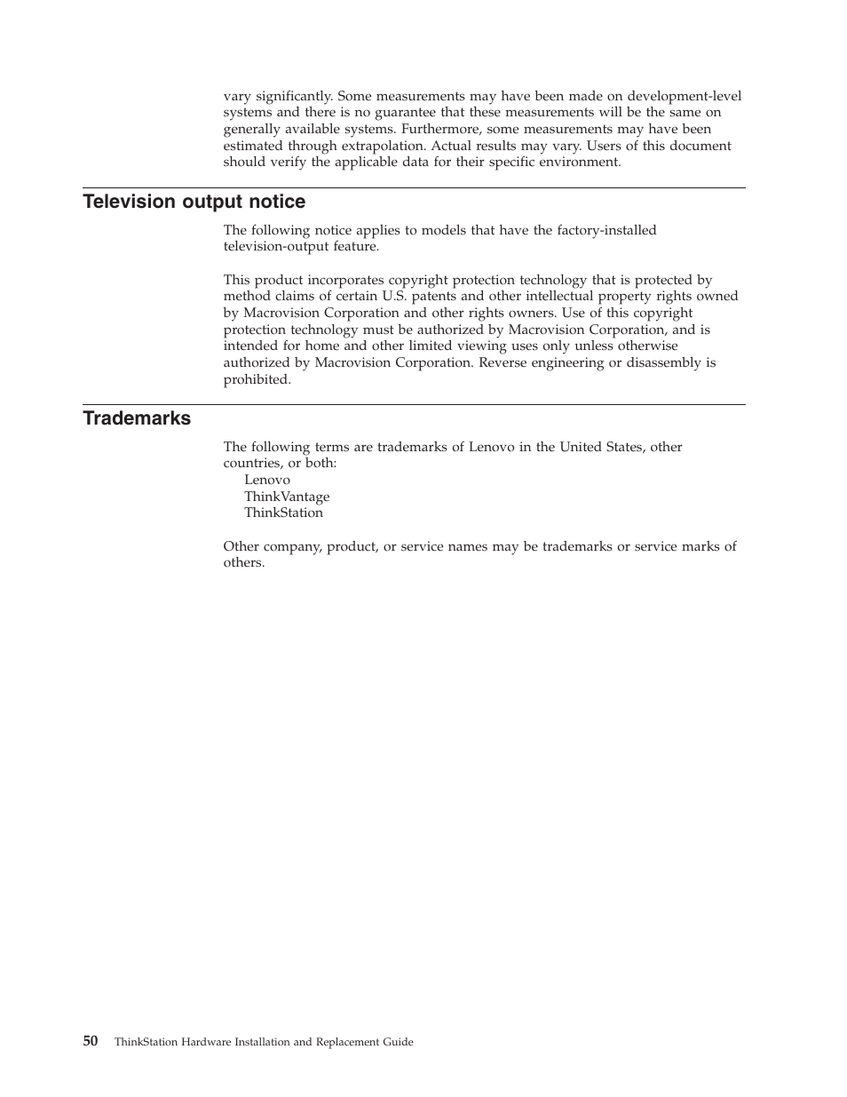 Television output notice, Trademarks, Television | Output, Notice | Lenovo THINKSTATION S10 User Manual | Page 58 / 62