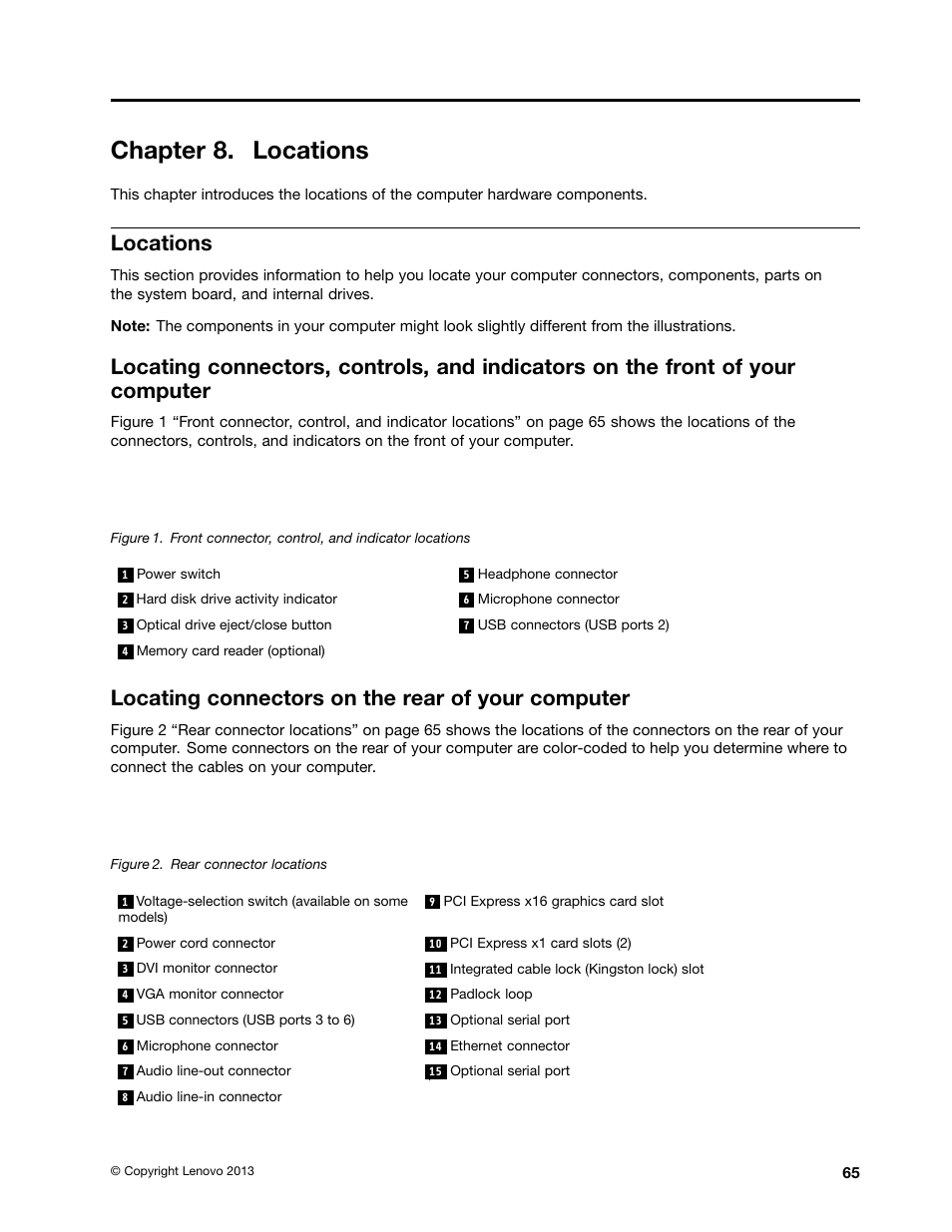 Chapter 8. locations, Locations, Locating connectors on the rear of your computer | Lenovo H520e Desktop User Manual | Page 69 / 110