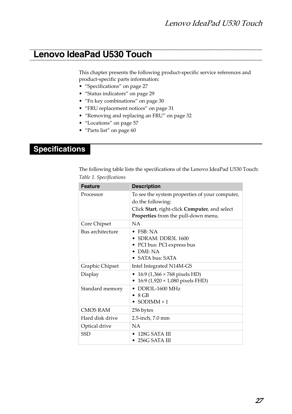Lenovo ideapad u530 touch, Specifications, Lenovo ideapad u530 touch specifications | Lenovo IdeaPad U530 Touch Notebook User Manual | Page 31 / 77