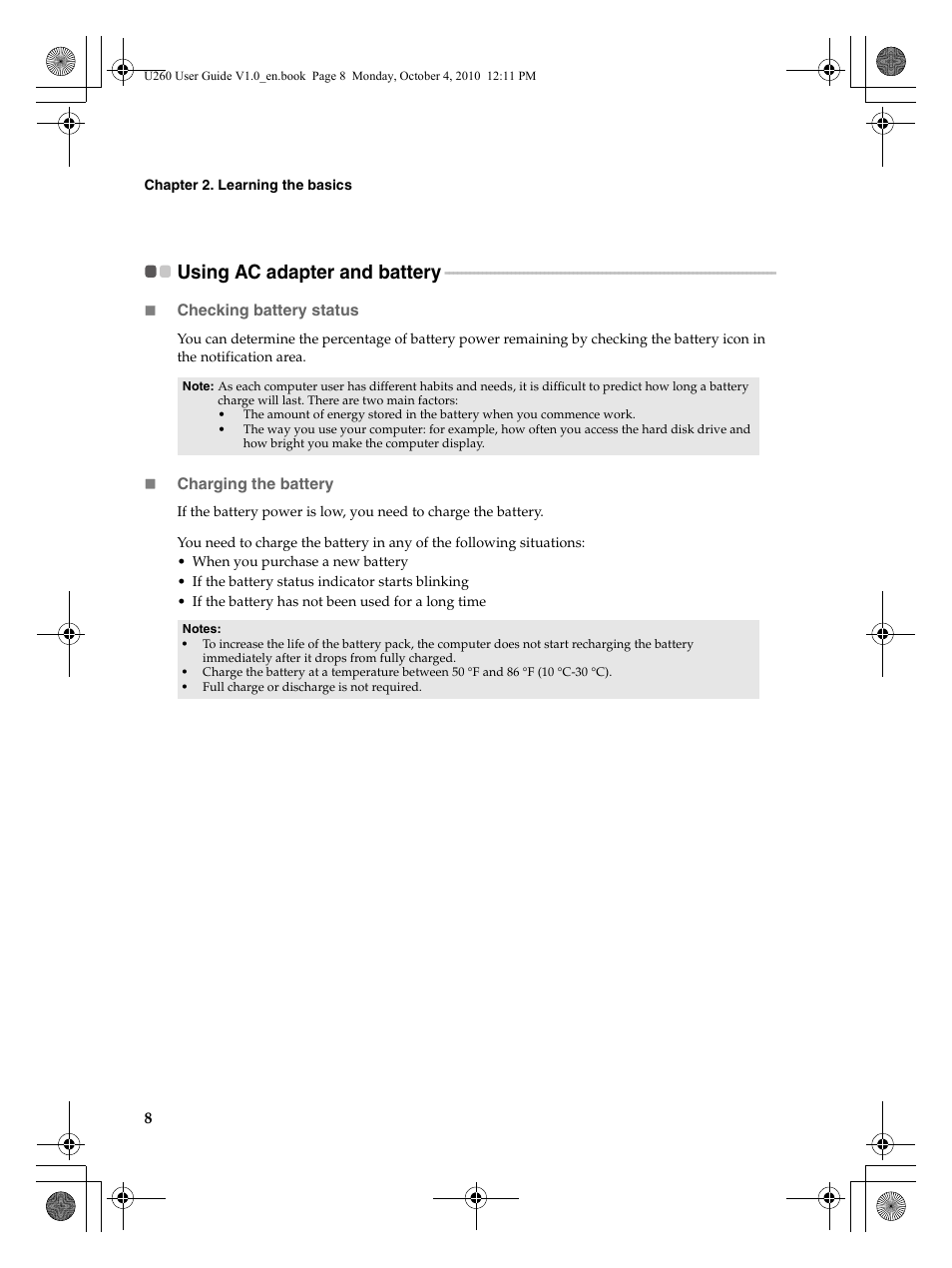 Using ac adapter and battery | Lenovo IdeaPad U260 User Manual | Page 12 / 42