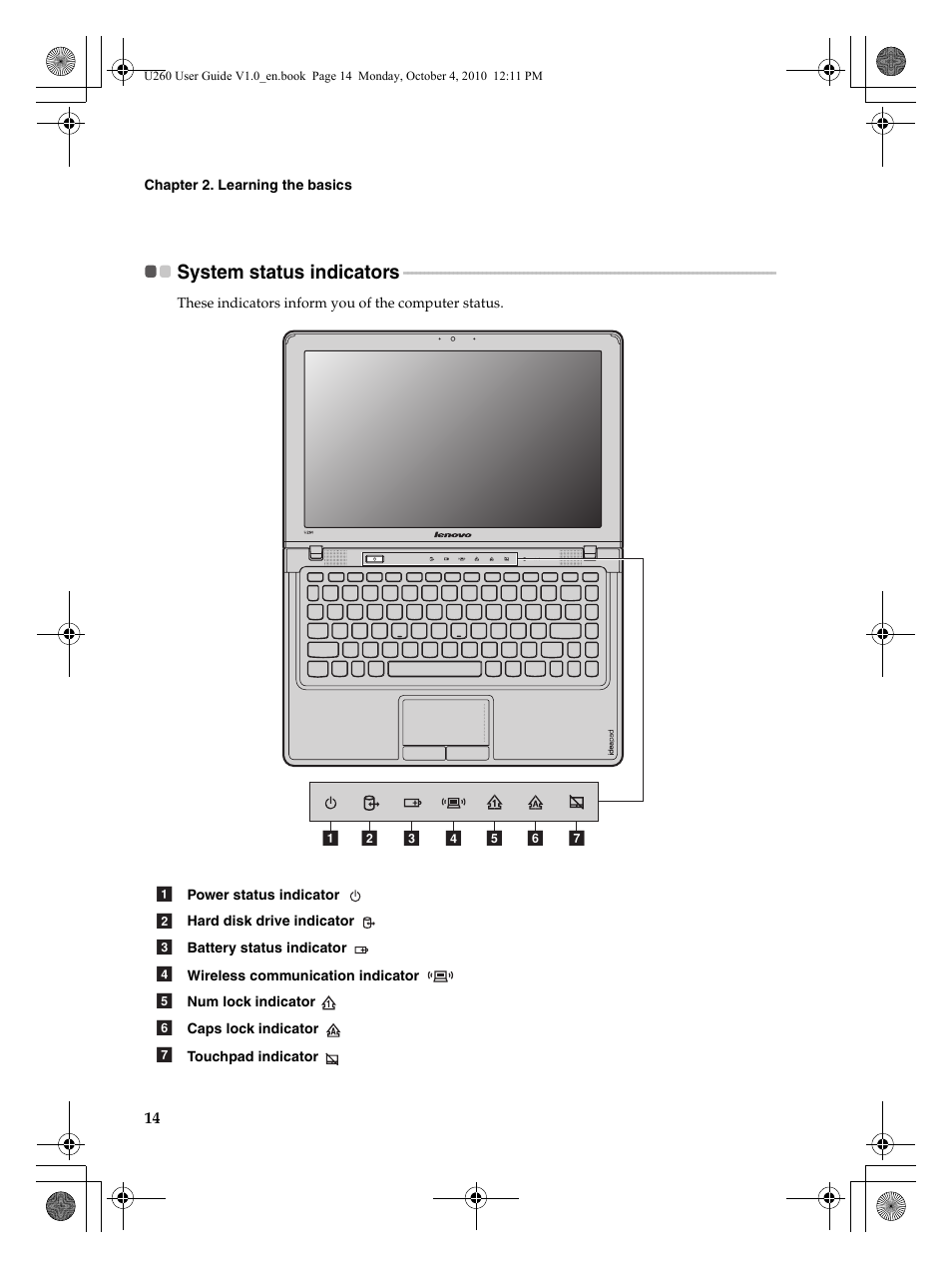 System status indicators | Lenovo IdeaPad U260 User Manual | Page 18 / 42