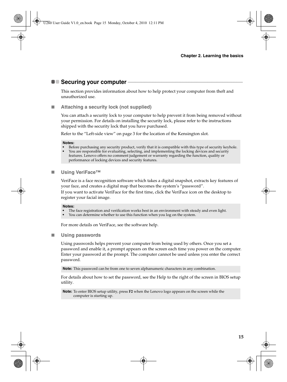 Securing your computer | Lenovo IdeaPad U260 User Manual | Page 19 / 42