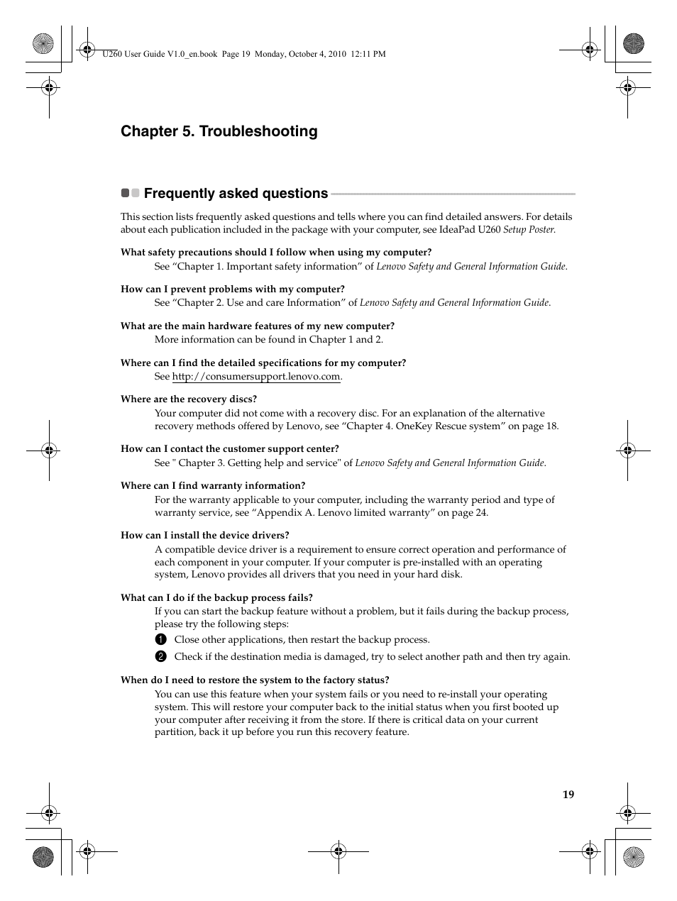 Chapter 5. troubleshooting, Frequently asked questions | Lenovo IdeaPad U260 User Manual | Page 23 / 42