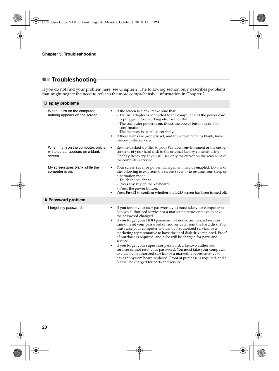 Troubleshooting | Lenovo IdeaPad U260 User Manual | Page 24 / 42