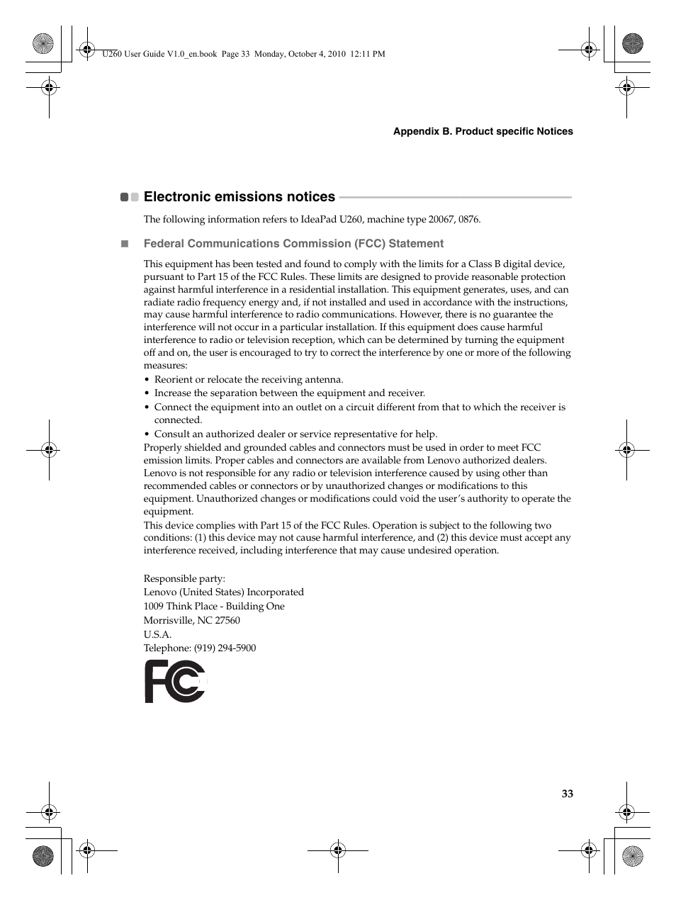 Electronic emissions notices | Lenovo IdeaPad U260 User Manual | Page 37 / 42