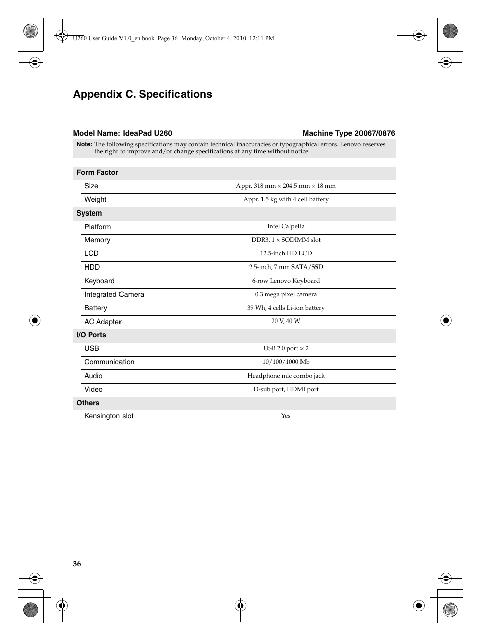 Appendix c. specifications | Lenovo IdeaPad U260 User Manual | Page 40 / 42