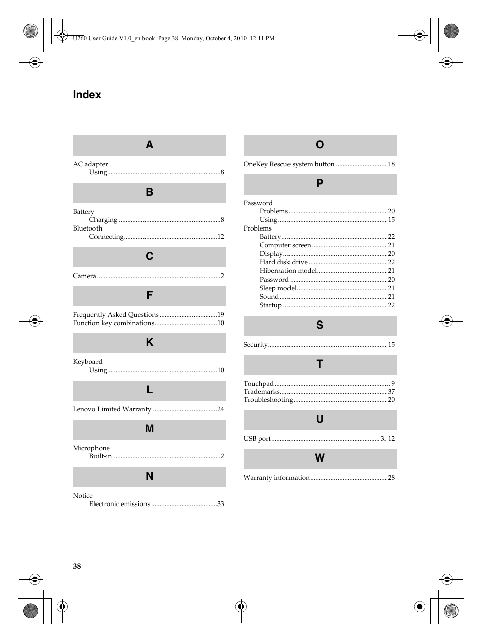 Index | Lenovo IdeaPad U260 User Manual | Page 42 / 42