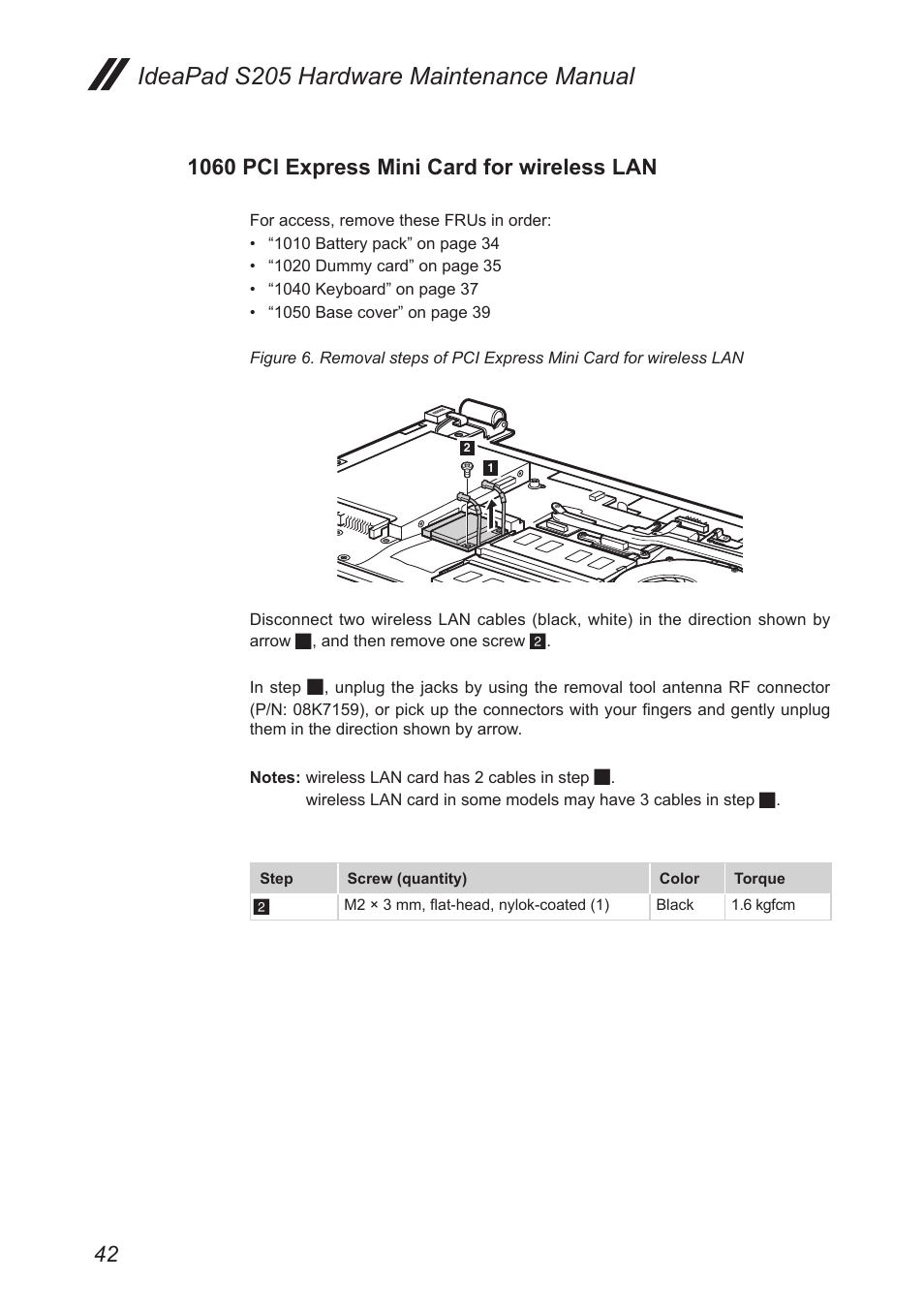 1060 pci express mini card for wireless lan, 1060 pci express mini card for, Wireless lan | Ideapad s205 hardware maintenance manual | Lenovo IdeaPad S205 User Manual | Page 46 / 81
