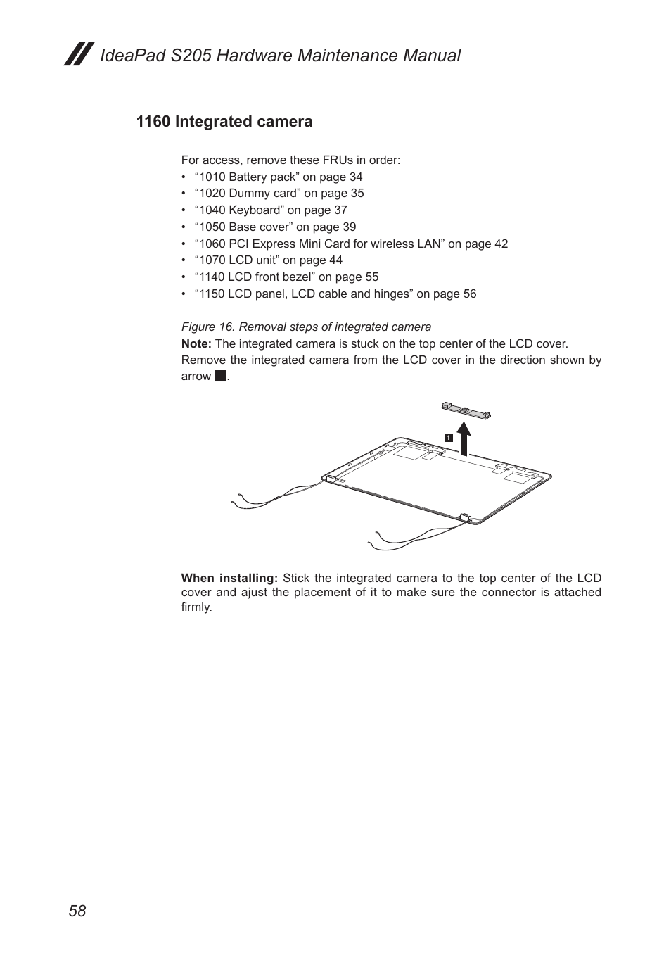 1160 integrated camera, Ideapad s205 hardware maintenance manual | Lenovo IdeaPad S205 User Manual | Page 62 / 81