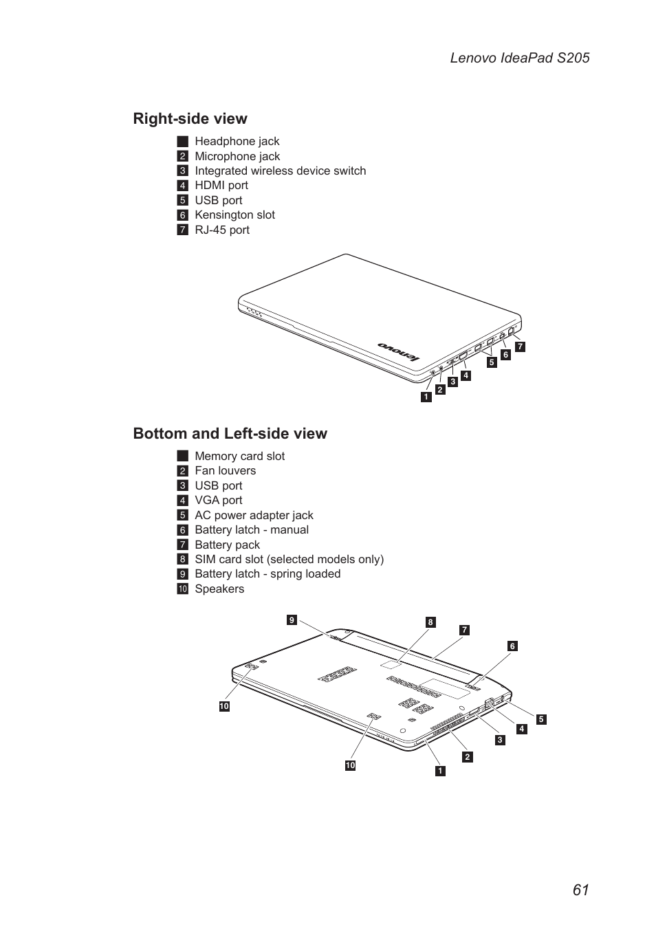 Right-side view, Bottom and left-side view | Lenovo IdeaPad S205 User Manual | Page 65 / 81