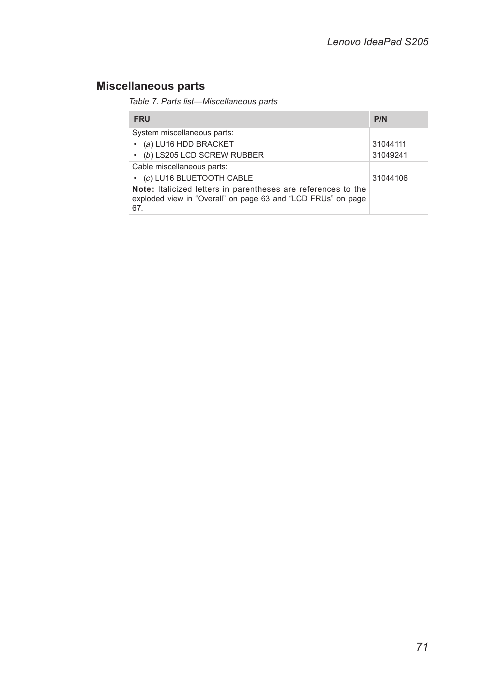 Miscellaneous parts, Lenovo ideapad s205 | Lenovo IdeaPad S205 User Manual | Page 75 / 81