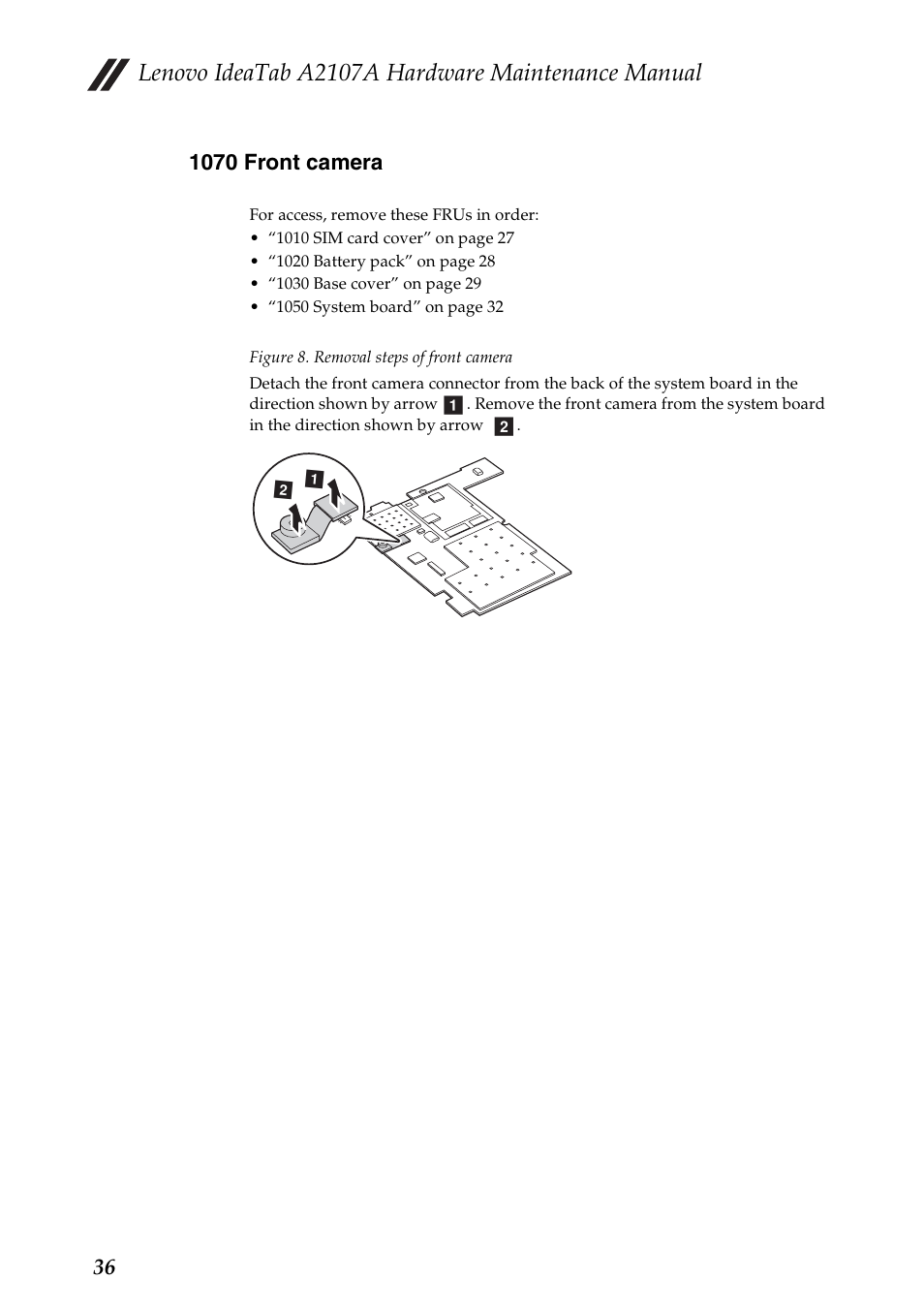 1070 front camera, Lenovo ideatab a2107a hardware maintenance manual | Lenovo A2107 Tablet User Manual | Page 40 / 53
