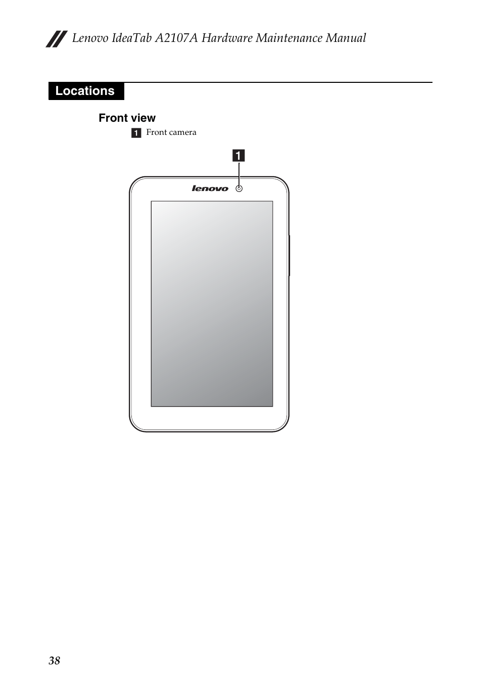 Locations, Front view | Lenovo A2107 Tablet User Manual | Page 42 / 53