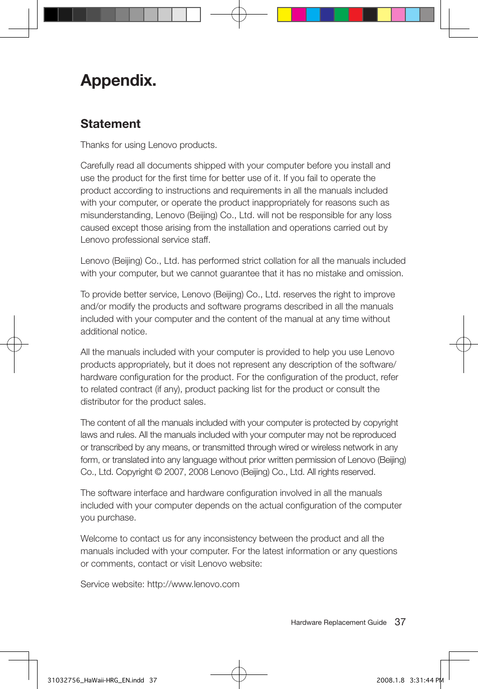 Appendix, Statement | Lenovo IdeaCentre Q200 User Manual | Page 40 / 41
