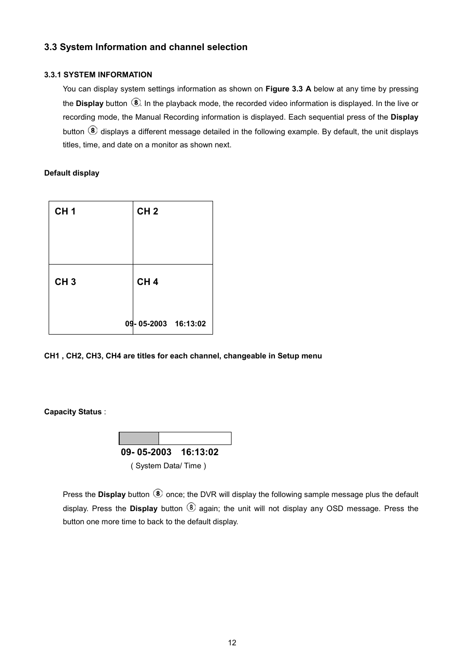 3 system information and channel selection, Ch 1 ch 2 ch 3 ch 4 | AVE MV DR4000 User Manual | Page 14 / 87