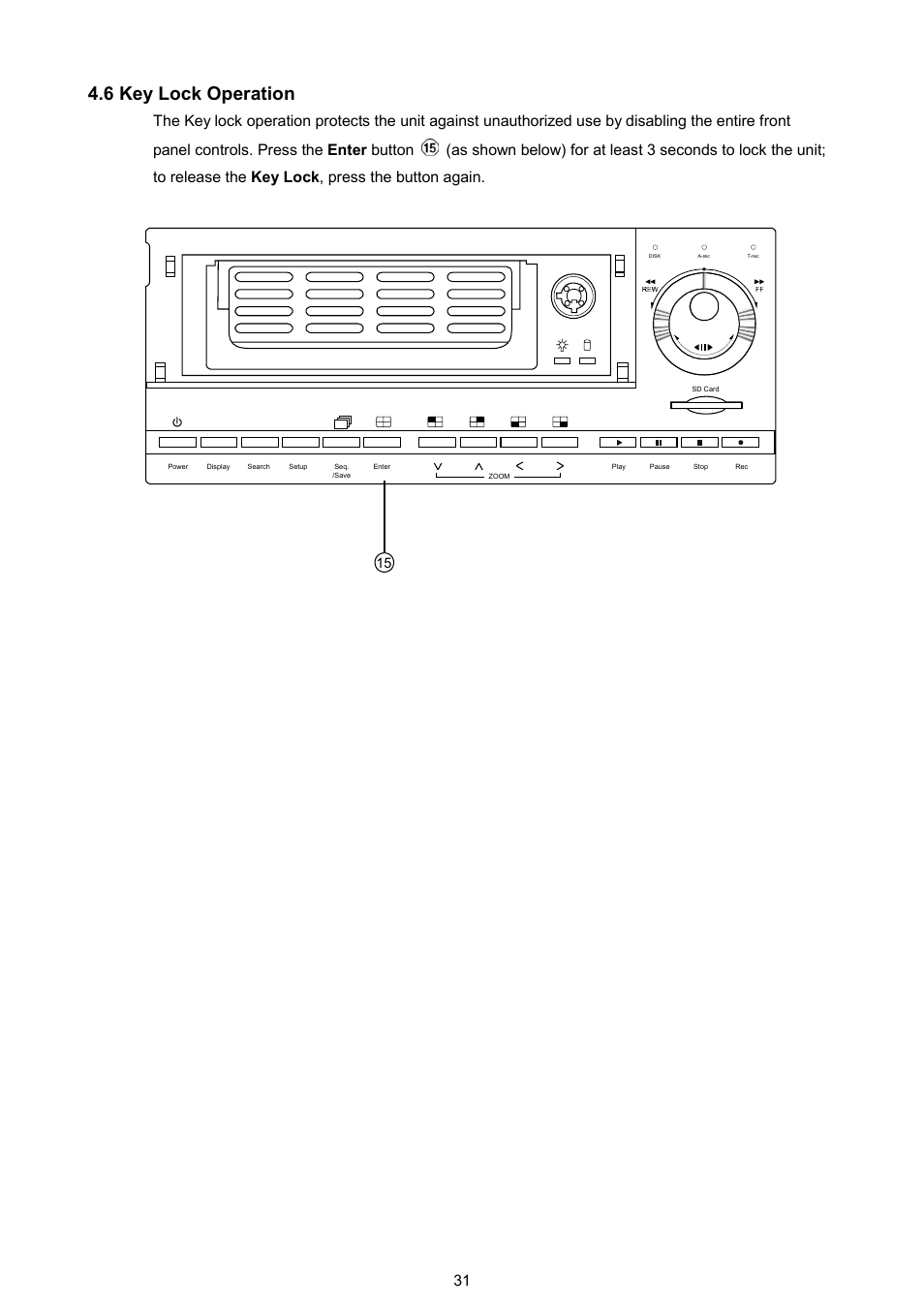 6 key lock operation, Press the button again, Enter | Key lock | AVE MV DR4000 User Manual | Page 33 / 87