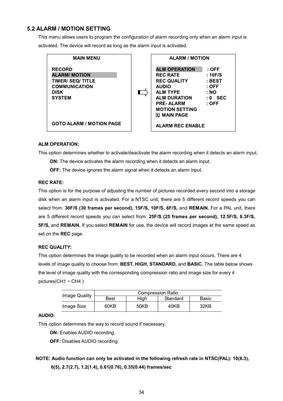 2 alarm / motion setting | AVE MV DR4000 User Manual | Page 36 / 87