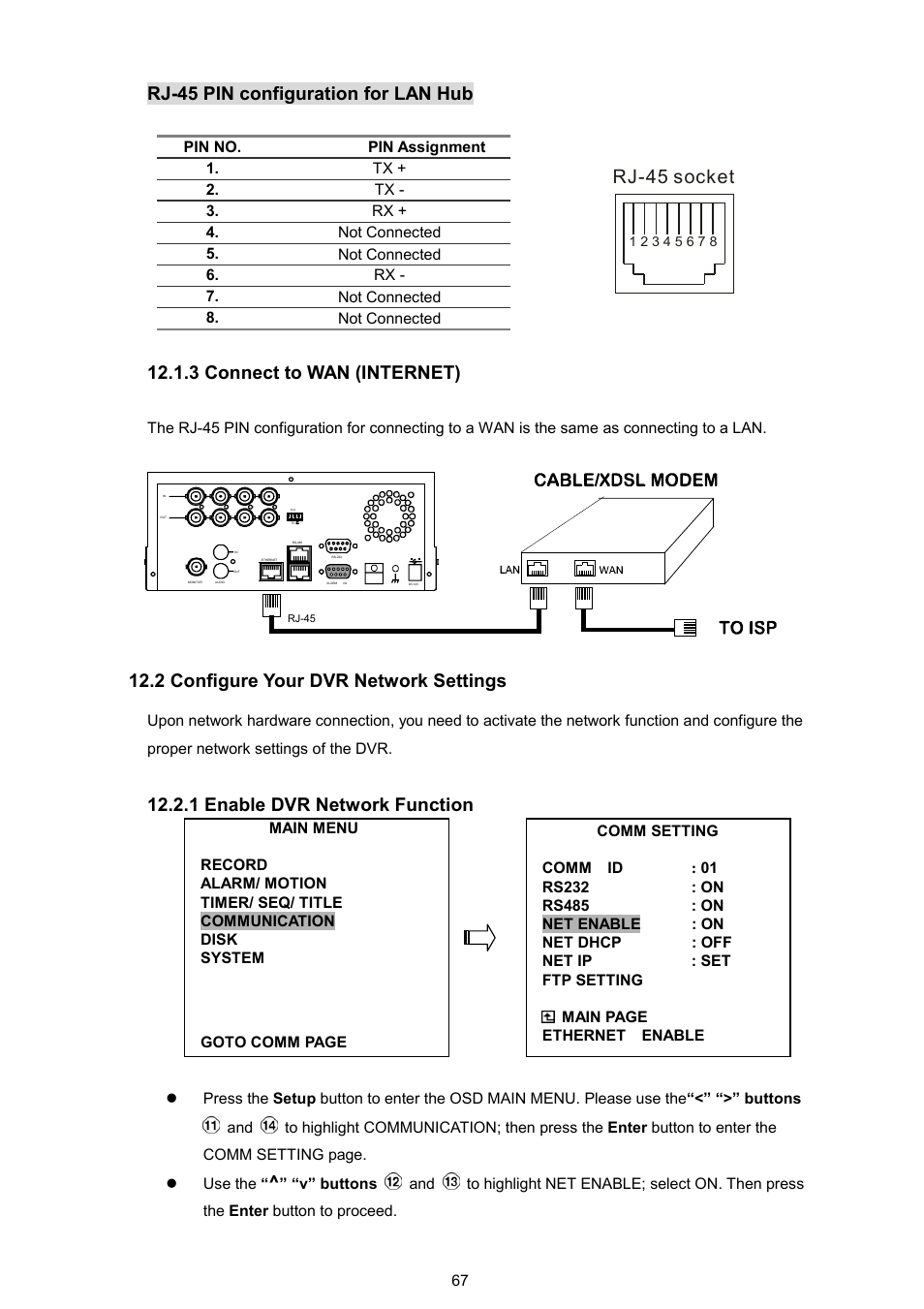 Rj-45 pin configuration for lan hub, 2 configure your dvr network settings, 1 enable dvr network function | AVE MV DR4000 User Manual | Page 69 / 87