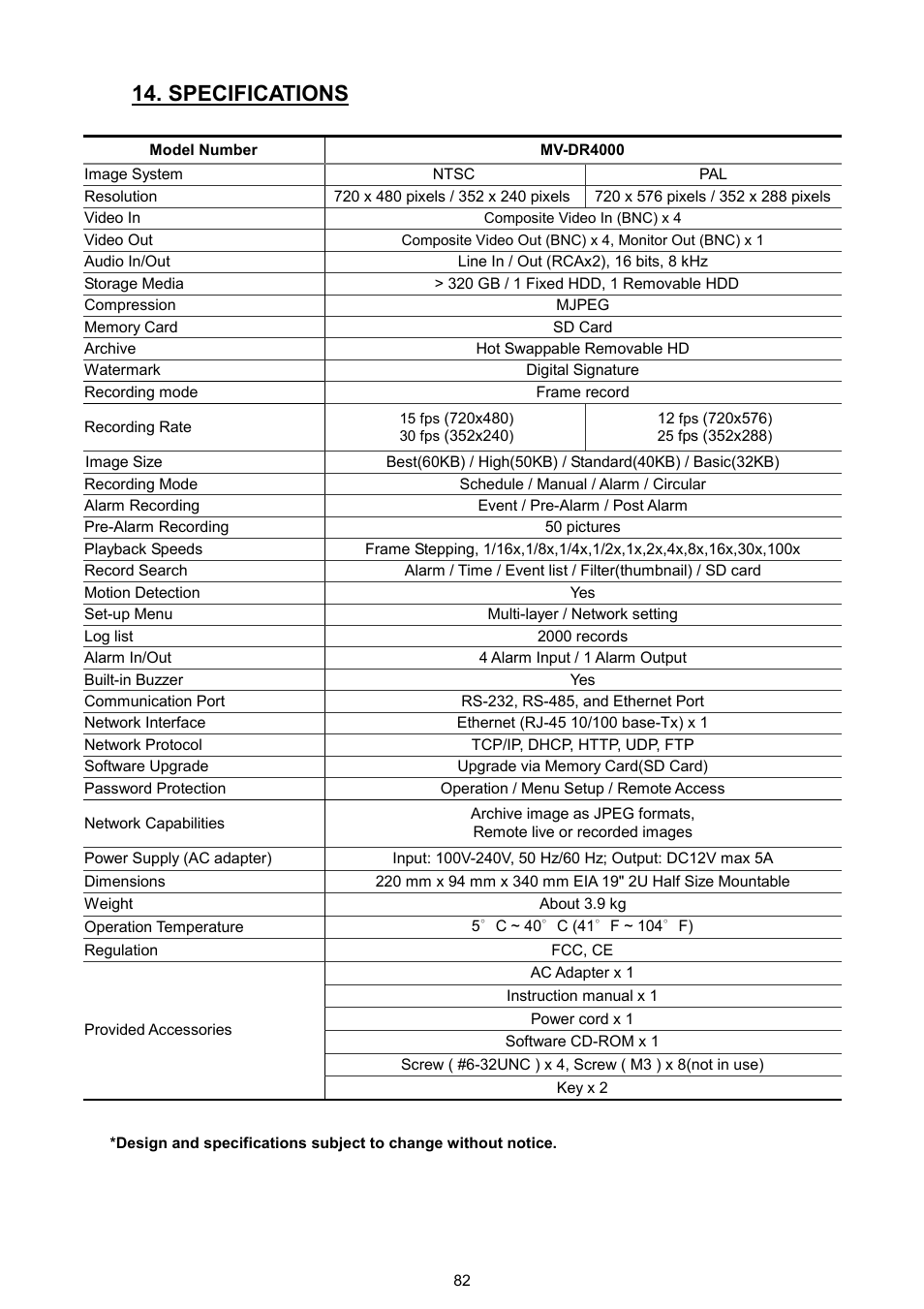 Specifications | AVE MV DR4000 User Manual | Page 84 / 87