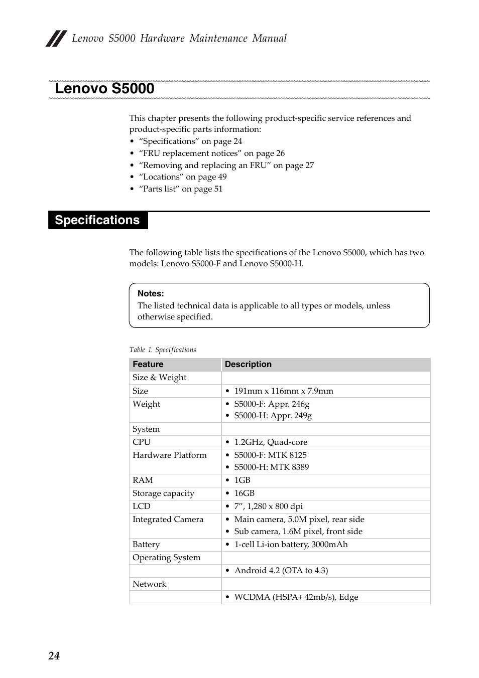 Lenovo s5000, Specifications, Lenovo s5000 specifications | Lenovo s5000 hardware maintenance manual | Lenovo S5000 Tablet User Manual | Page 28 / 60