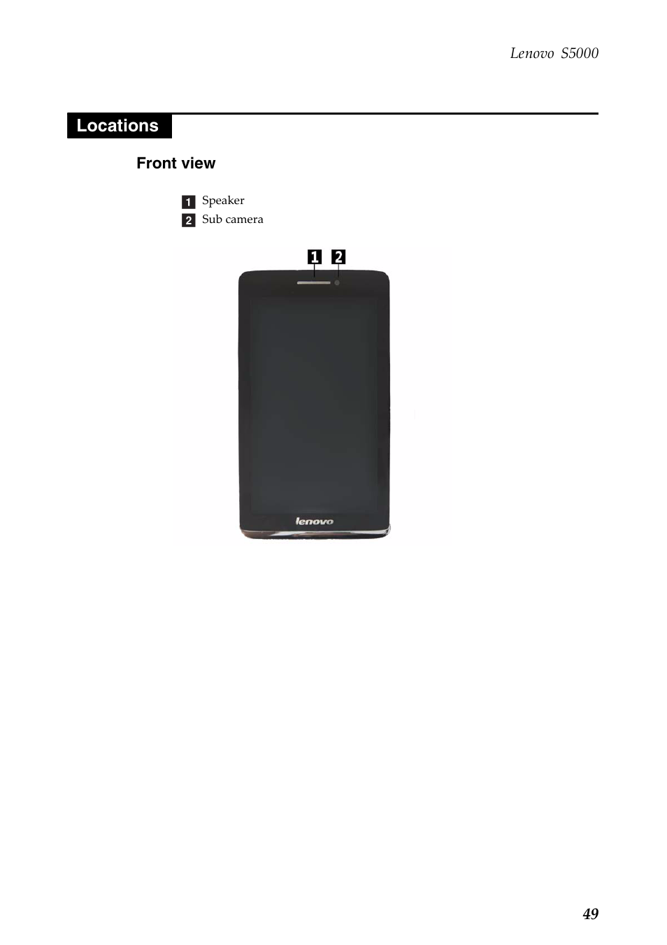 Locations, Front view | Lenovo S5000 Tablet User Manual | Page 53 / 60