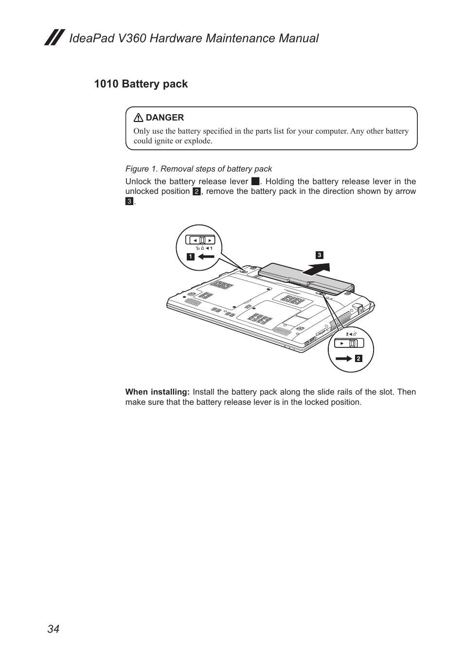 1010 battery pack, Ideapad v360 hardware maintenance manual | Lenovo IdeaPad V360 User Manual | Page 38 / 87