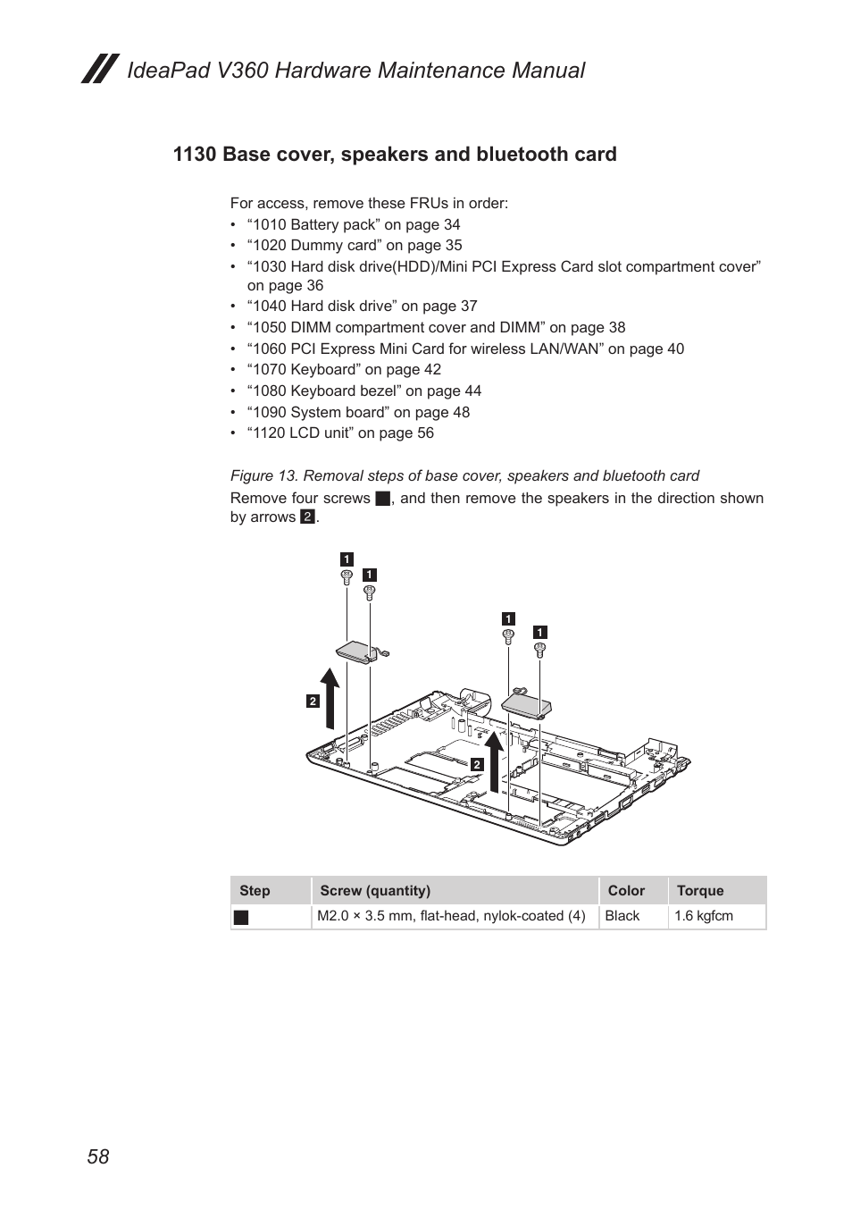 1130 base cover, speakers and bluetooth card, Ideapad v360 hardware maintenance manual | Lenovo IdeaPad V360 User Manual | Page 62 / 87