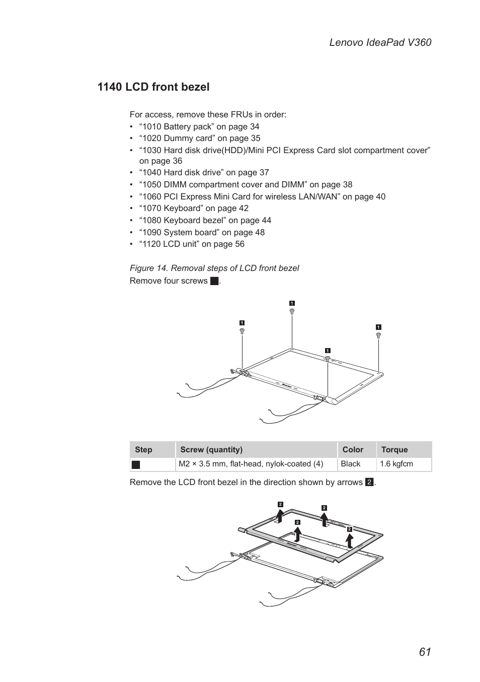 1140 lcd front bezel, Lenovo ideapad v360 | Lenovo IdeaPad V360 User Manual | Page 65 / 87