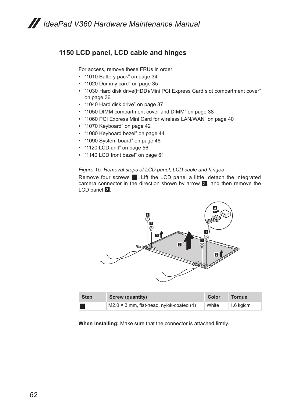 1150 lcd panel, lcd cable and hinges, Ideapad v360 hardware maintenance manual | Lenovo IdeaPad V360 User Manual | Page 66 / 87