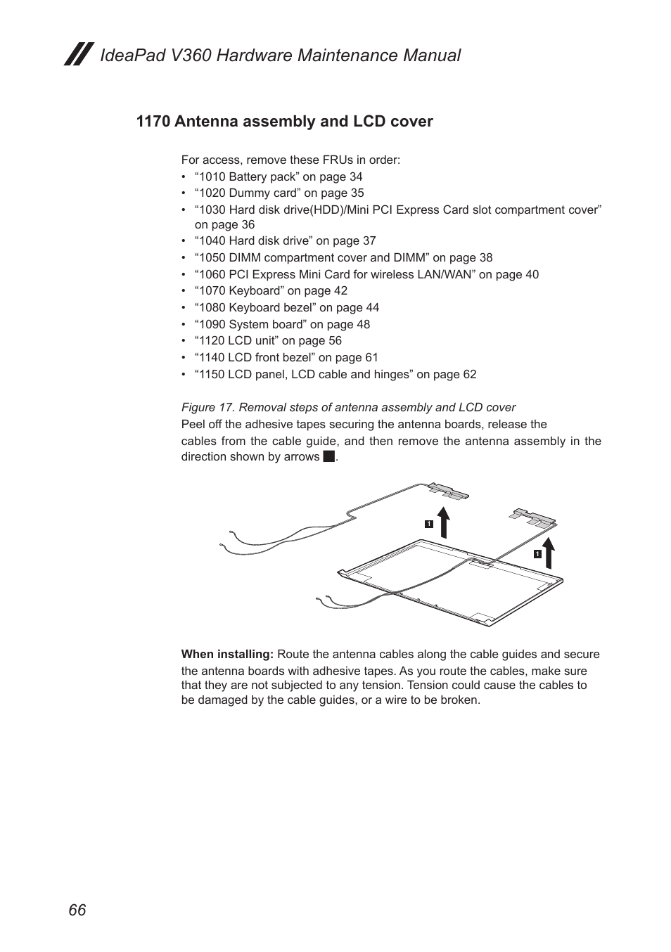 1170 antenna assembly and lcd cover, Ideapad v360 hardware maintenance manual | Lenovo IdeaPad V360 User Manual | Page 70 / 87