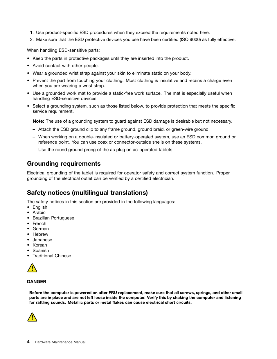 Grounding requirements, Safety notices (multilingual translations) | Lenovo ThinkPad 8 User Manual | Page 10 / 66