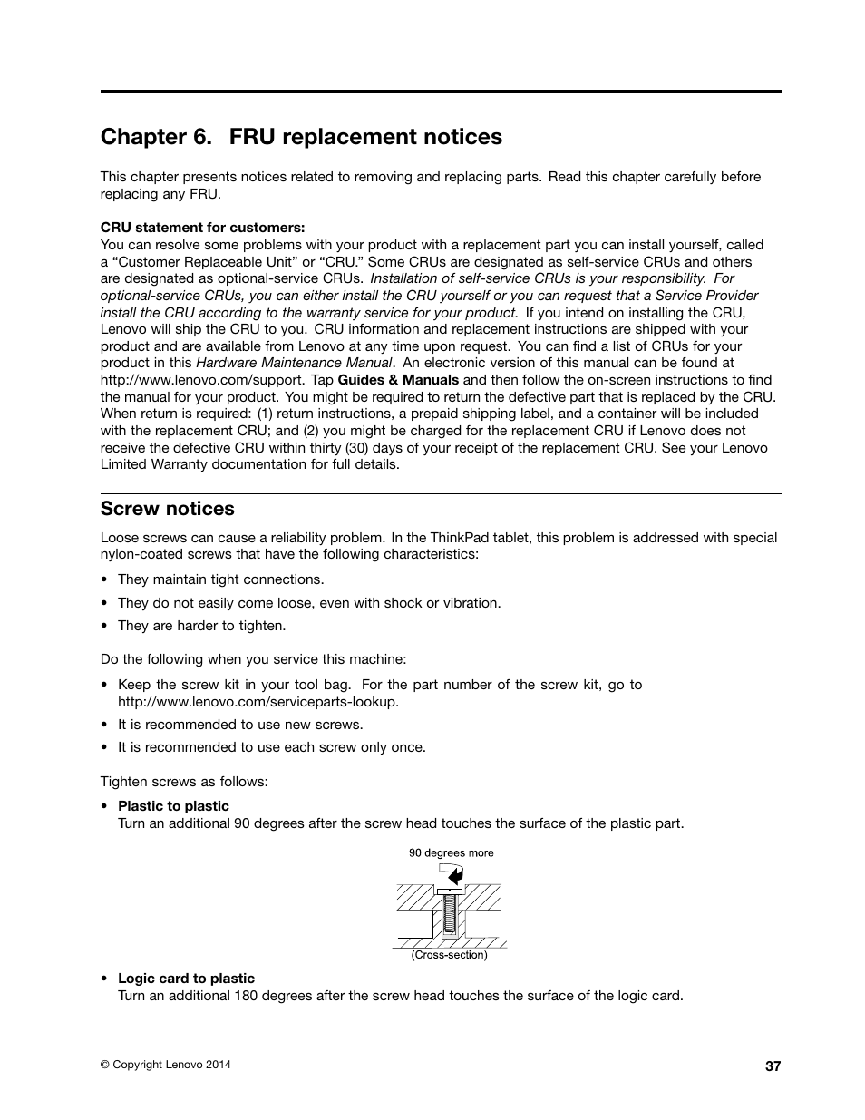 Chapter 6. fru replacement notices, Screw notices | Lenovo ThinkPad 8 User Manual | Page 43 / 66