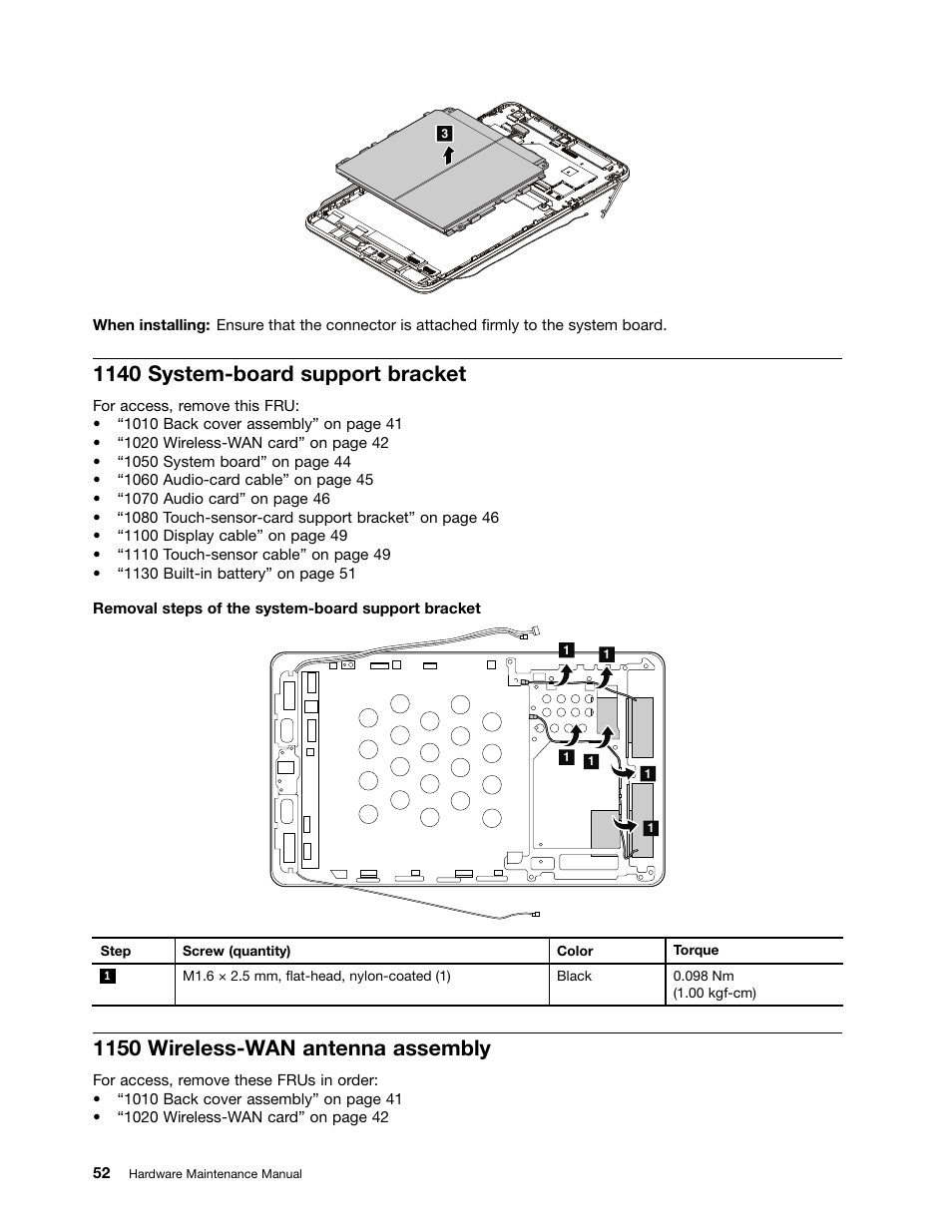 1140 system-board support bracket, 1150 wireless-wan antenna assembly | Lenovo ThinkPad 8 User Manual | Page 58 / 66