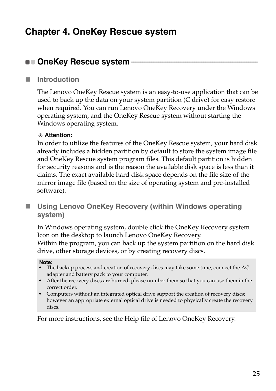 Chapter 4. onekey rescue system, Onekey rescue system | Lenovo IdeaPad S100 User Manual | Page 29 / 41