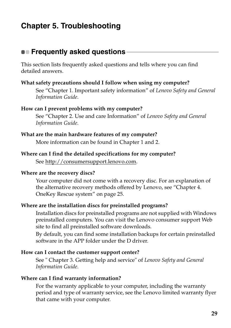 Chapter 5. troubleshooting, Frequently asked questions | Lenovo IdeaPad S100 User Manual | Page 33 / 41