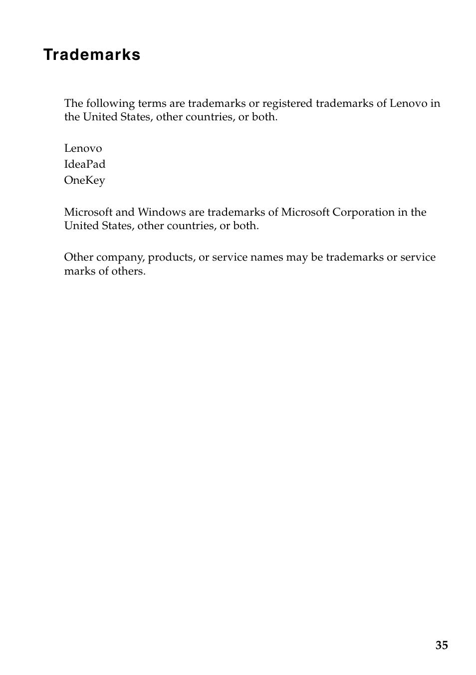 Trademarks | Lenovo IdeaPad S100 User Manual | Page 39 / 41