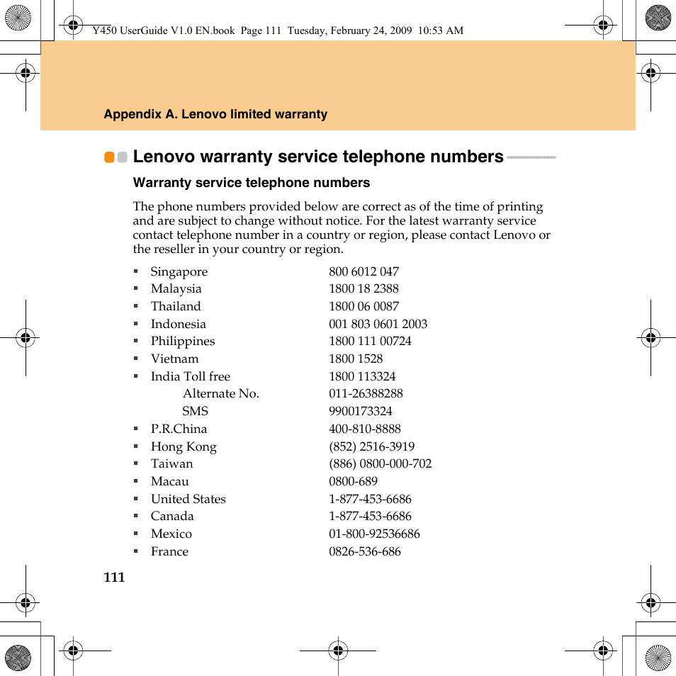 Lenovo warranty service telephone numbers, You, see | Lenovo IdeaPad Y450 User Manual | Page 120 / 148