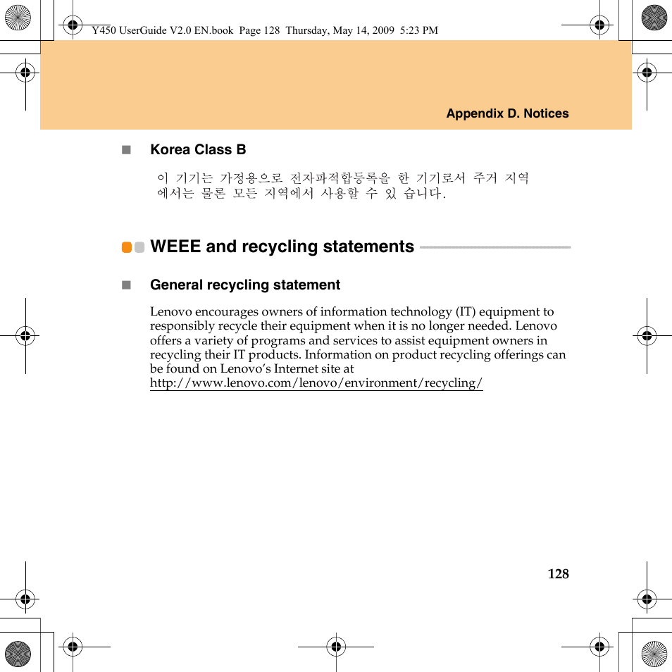 Weee and recycling statements | Lenovo IdeaPad Y450 User Manual | Page 137 / 148