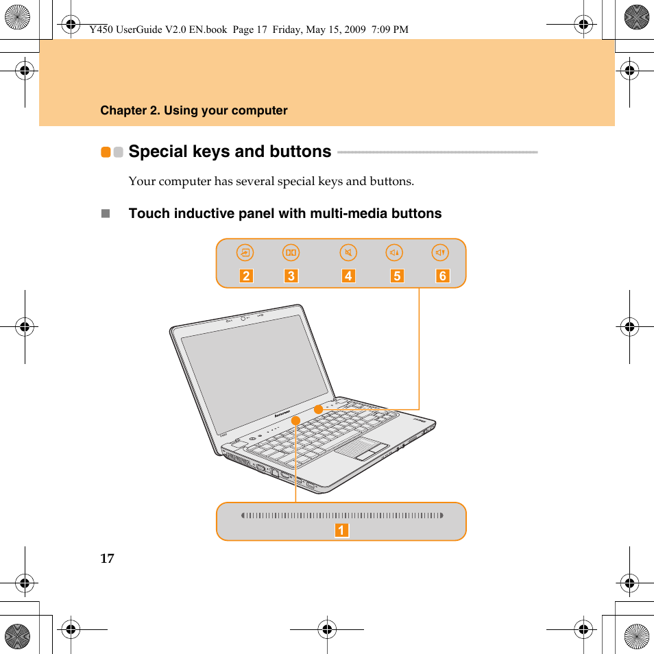 Special keys and buttons | Lenovo IdeaPad Y450 User Manual | Page 26 / 148