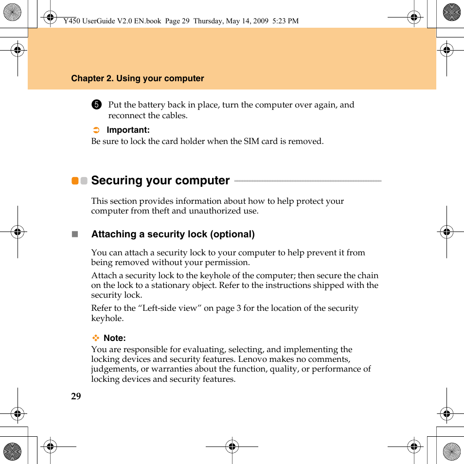 Securing your computer | Lenovo IdeaPad Y450 User Manual | Page 38 / 148