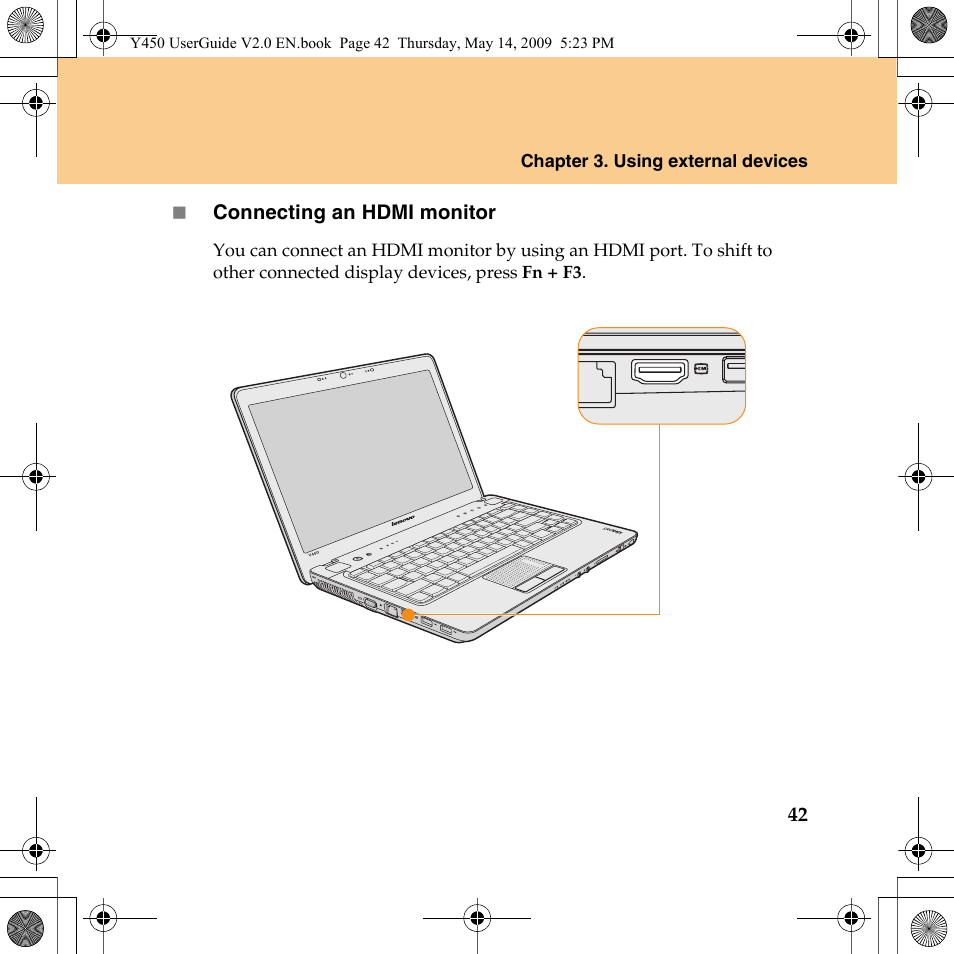 42  connecting an hdmi monitor | Lenovo IdeaPad Y450 User Manual | Page 51 / 148