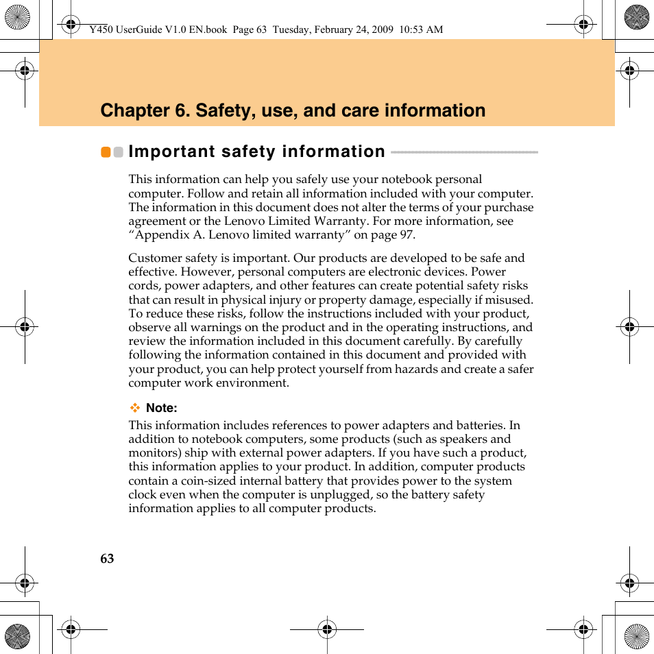Chapter 6. safety, use, and care information, Important safety information | Lenovo IdeaPad Y450 User Manual | Page 72 / 148