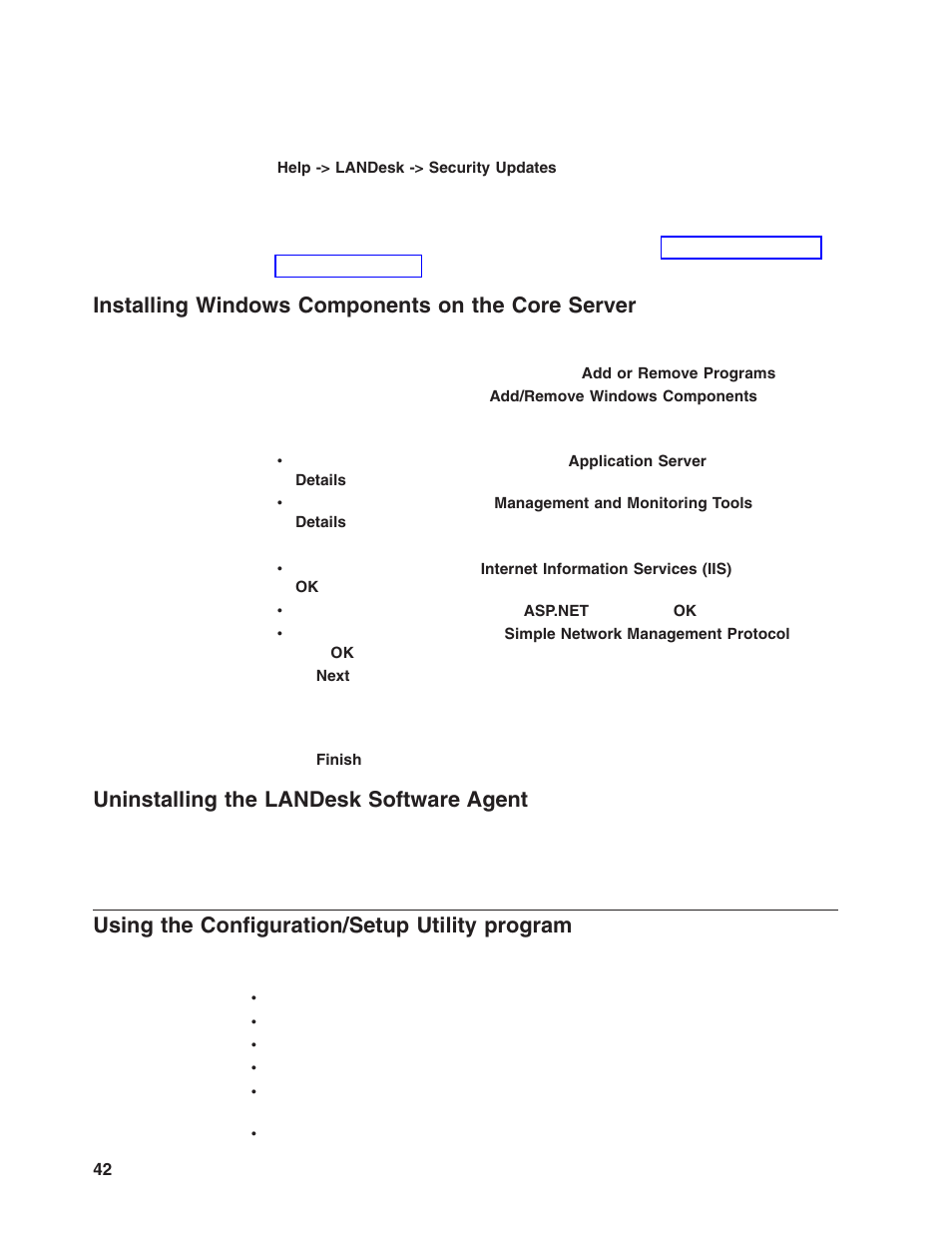 Installing windows components on the core server, Uninstalling the landesk software agent, Using the configuration/setup utility program | Installing, Windows, Components, Core, Server, Uninstalling, Landesk | Lenovo ThinkServer RD120 User Manual | Page 56 / 100