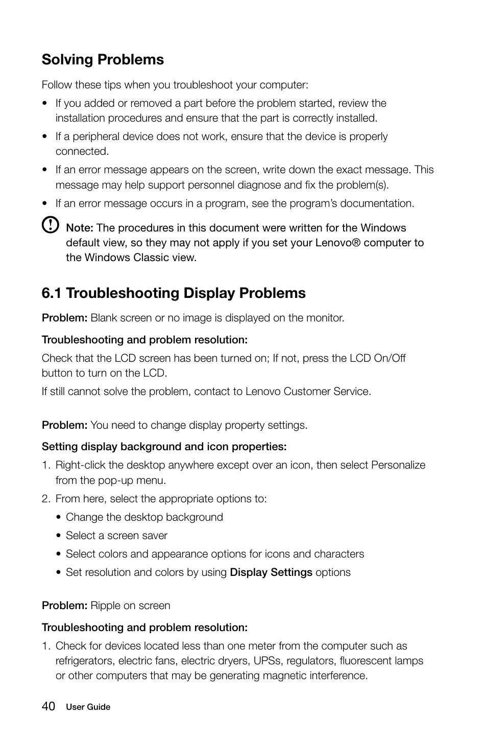 1 troubleshooting display problems, Solving problems | Lenovo IdeaCentre B305 User Manual | Page 45 / 51