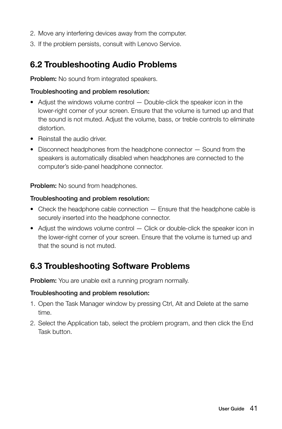 2 troubleshooting audio problems, 3 troubleshooting software problems | Lenovo IdeaCentre B305 User Manual | Page 46 / 51