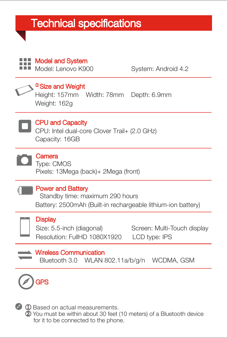 Technical specifications | Lenovo K900 Smartphone User Manual | Page 3 / 14