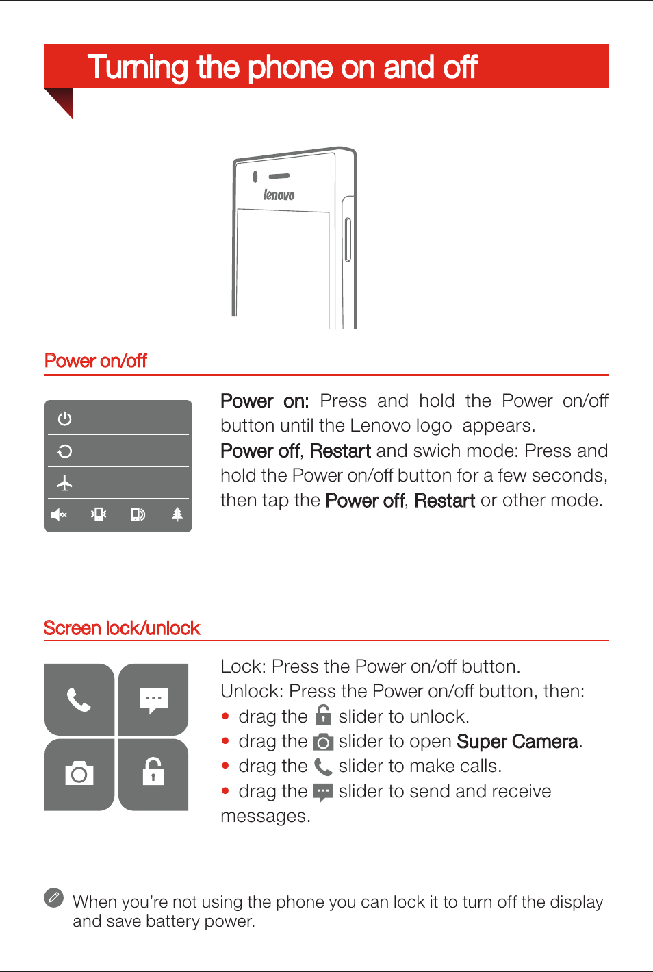 Turning the phone on and off | Lenovo K900 Smartphone User Manual | Page 6 / 14