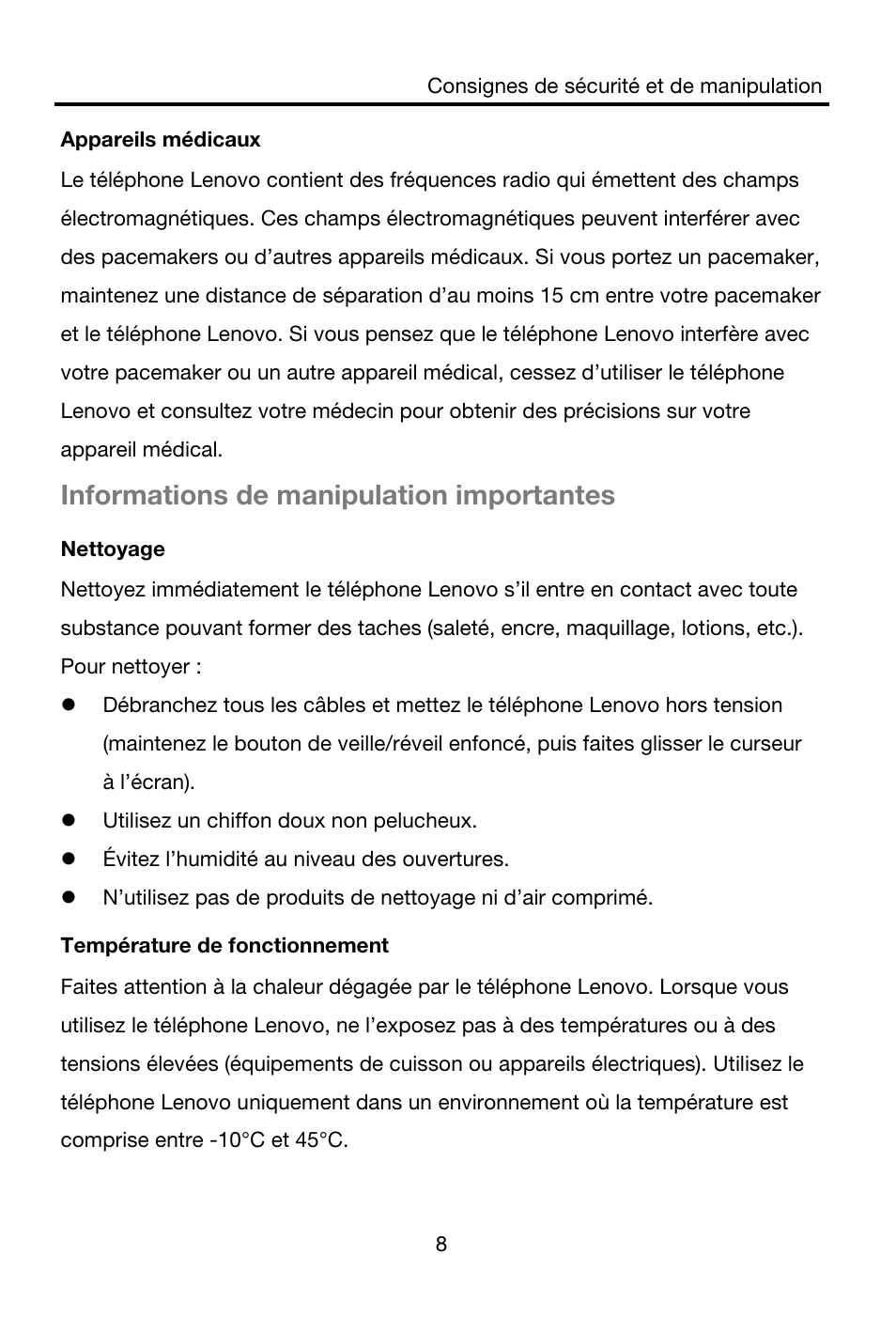 Informations de manipulation importantes | Lenovo S850 Smartphone User Manual | Page 30 / 61