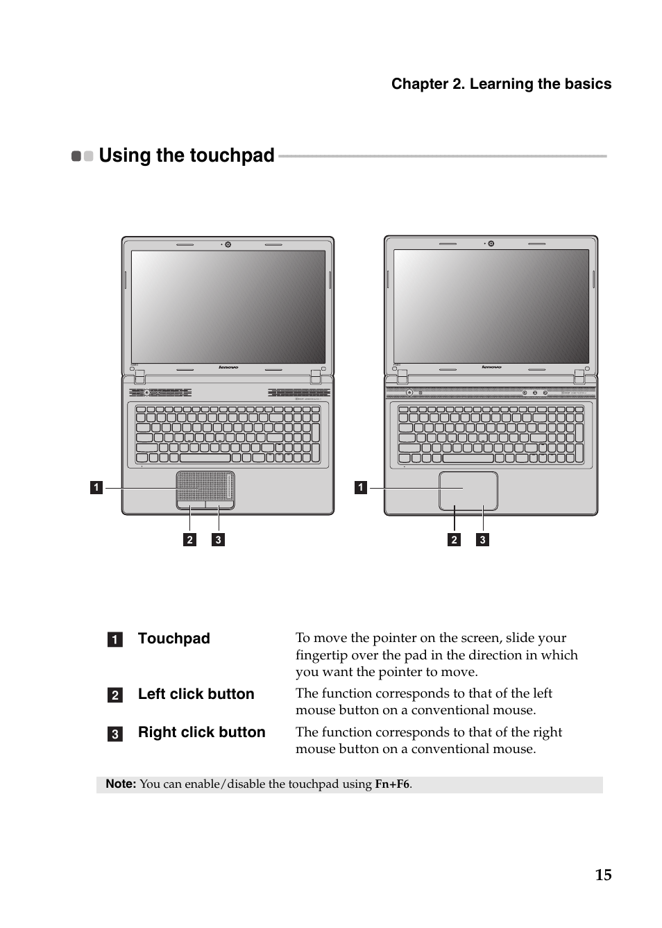 Using the touchpad, Chapter 2. learning the basics, Touchpad | Left click button, Right click button, Ab c | Lenovo IdeaPad P585 User Manual | Page 19 / 53