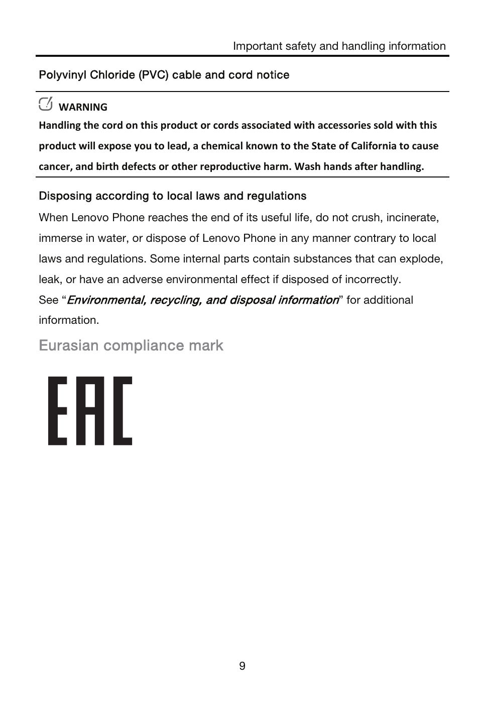 Eurasian compliance mark | Lenovo S856 Smartphone User Manual | Page 11 / 20
